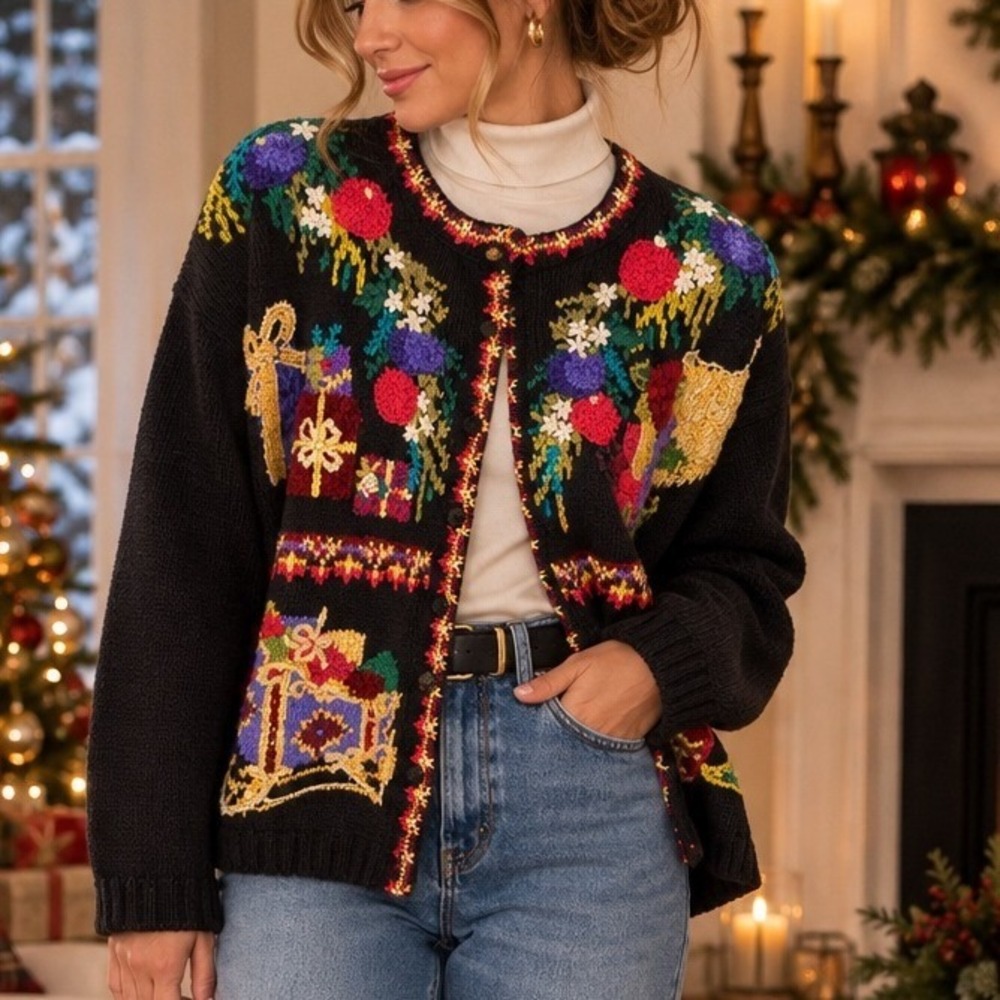 Tiara International Christmas Cardigan Large Black Embroidered Sweater Vintage